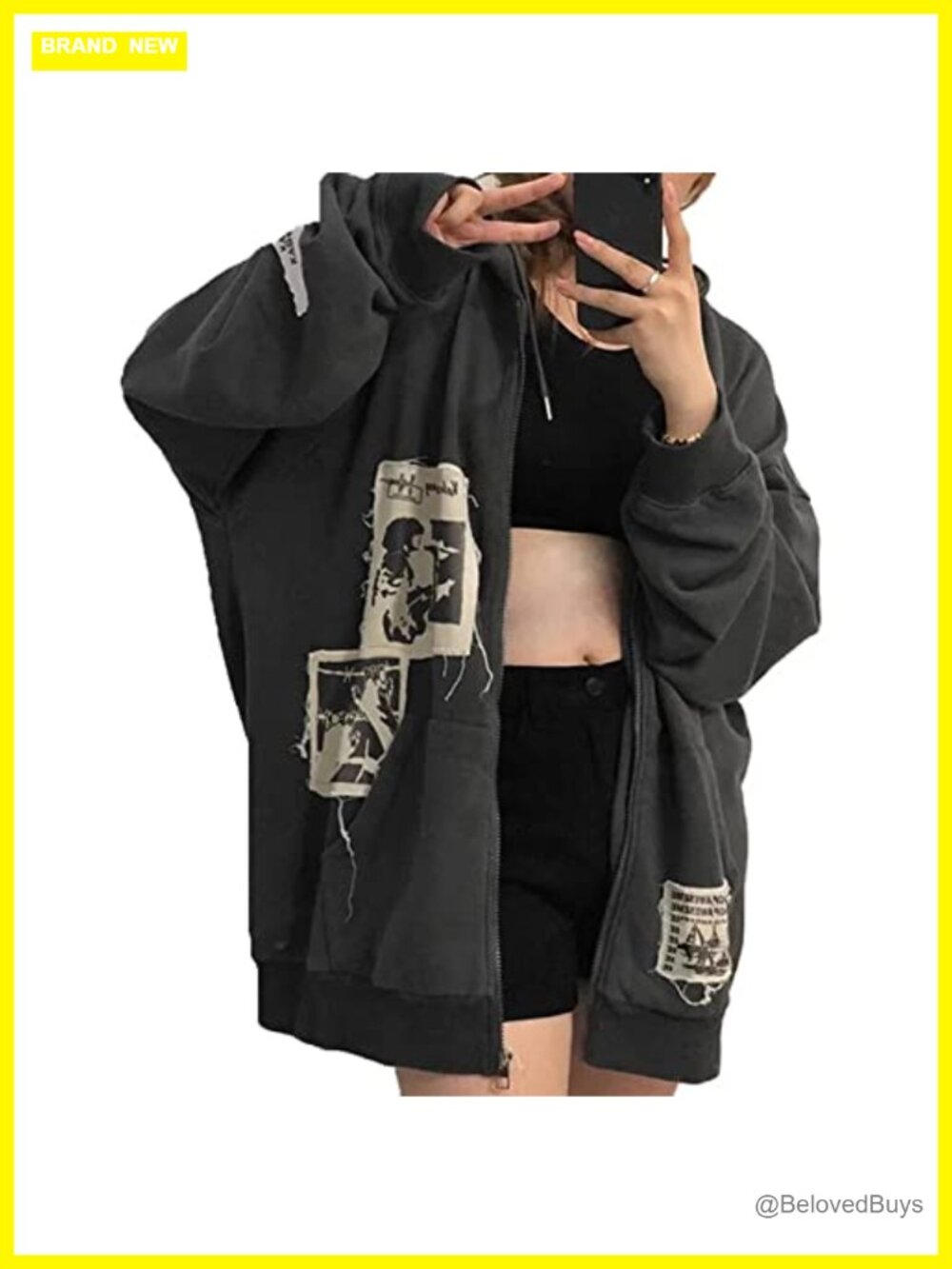 Oversized Zip Up Hoodie Rhinestone Skeleton Grunge Streetwear